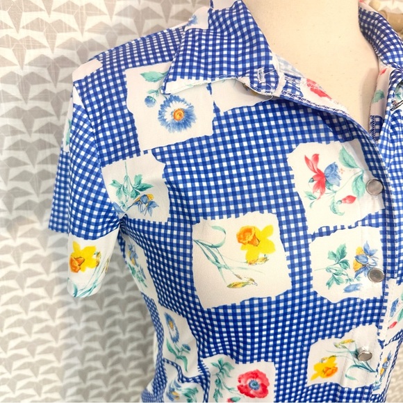 Vtg 90s Blue Plaid Floral Print Flower Button Down Shirt Polyester Y2K Jr Large - Picture 3 of 8